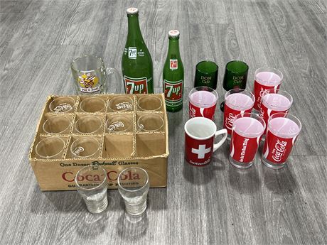 COCA COLA, 7UP & OTHER GLASS CUPS, ETC
