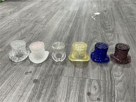 6 VINTAGE PATTERNED GLASS FIGURAL TOP HATS