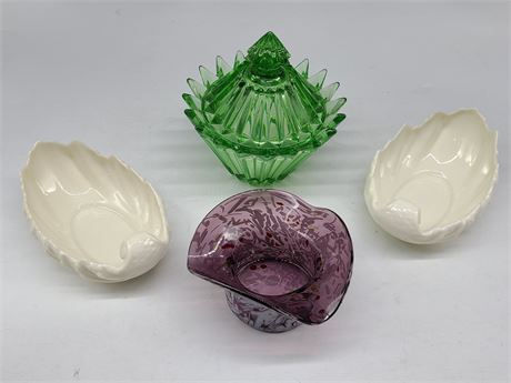 2 WHITE LENOX LEAF BOWLS, URANIUM GREEN CANDY DISH & PURPLE ART GLASS HAT BOWLS