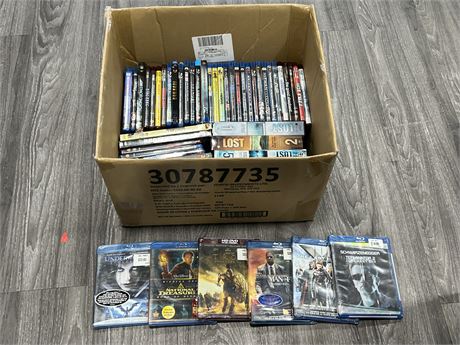 BOX OF BLU RAYS / DVDS - SIX BLU RAYS LAID OUT ARE SEALED