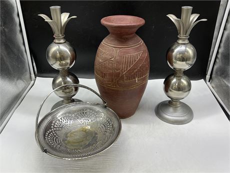 LOT OF HOME DECOR - METAL CANDLE HOLDERS, VASE, SILVER PLATED TRAY