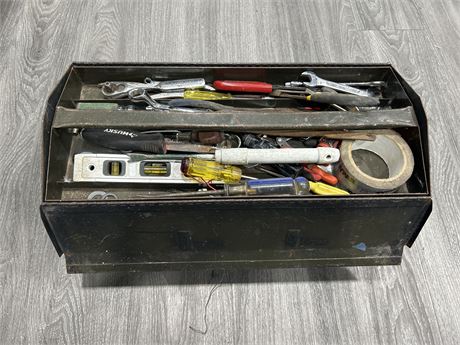 HEAVY METAL TOOLBOX FILLED W/ ASSORTED TOOLD