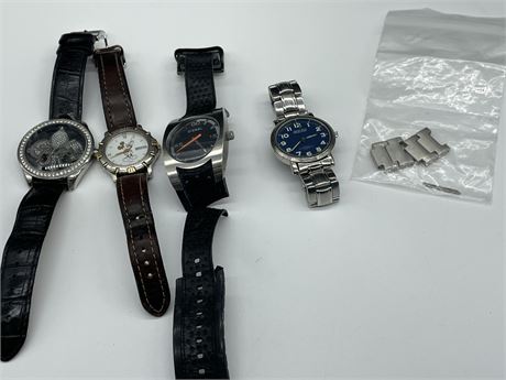 LOT OF 4 WATCHES INCL: MICKEY MOUSE, GUESS, LEVI’S, DIESEL (BROKEN STRAP)