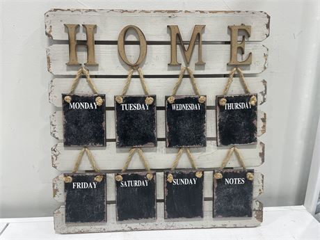 WOOD SIGN - “HOME” WITH CHALKBOARD SQUARES 23”x24”