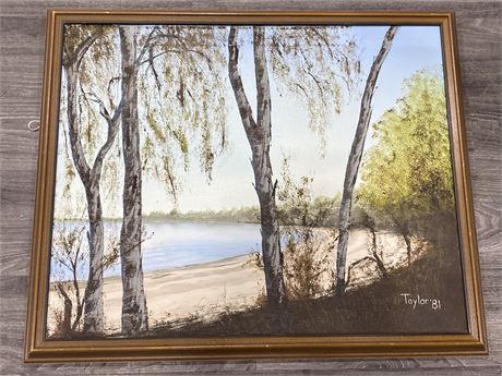 VINTAGE FRAMED OIL PAINTING ON CANVAS BIRCH TREES ON THE BEACH SIGNED