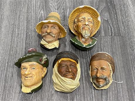 5 VINTAGE CHALKWARE FACES MADE IN ENGLAND (6”)