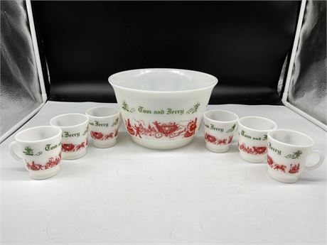VINTAGE MILK GLASS TOM & JERRY PUNCH BOWL (6” TALL) & CUPS