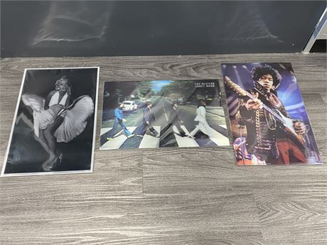 (3) 3D LENTICULAR PICTURES 17”x12” (Beatles, Monroe, Hendrix)