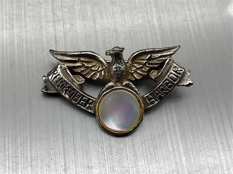 VINTAGE SILVER W/MOTHER OF PEARL EAGLE BROOCH “ REMEMBER HARBOUR”