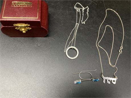 STERLING SILVER NECKLACES & PAIR OF BLUE TOPAZ EARRINGS