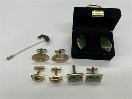 4 SETS OF VINTAGE CUFF LINKS (3 w/Jade) & INDIGENOUS PIN