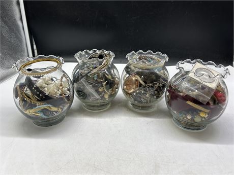 4 GLASS JARS FILLED W/COSTUME JEWELLERY