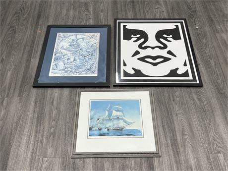 3 SIGNED PRINTS - 1 HAS BROKEN GLASS (Largest is 26.5”x31.5”)