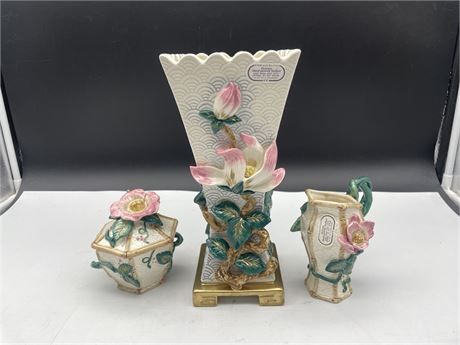 3PCS OF FITZ & FLOYD COLLECTABLE VASE CREAM & SUGAR - LARGEST IS 11” TALL