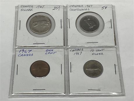 4 CANADA 1967 CENTENNIAL COINS - SOME SILVER