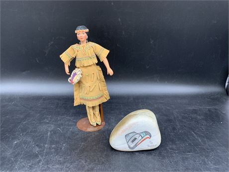 NATIVE INDIAN PAPERWEIGHT (Partridge) & DOLL
