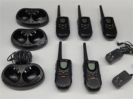 SET OF 5 UNIDEN WALKIE TALKIES W/ DUAL-CHARGERS