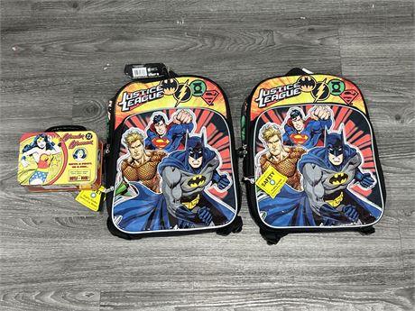 2 NEW JUSTICE LEAGUE BACKPACKS & WONDER WOMAN LUNCH BOX