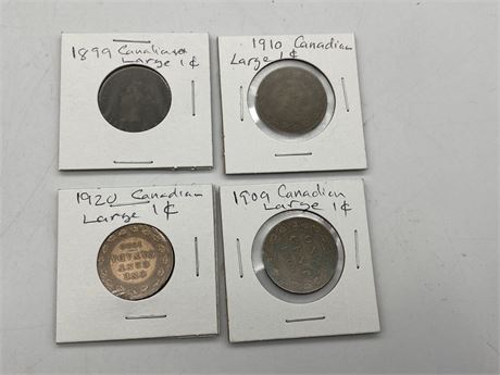 1889, 1909, 1910, 1920 CANADIAN ONE CENT COINS