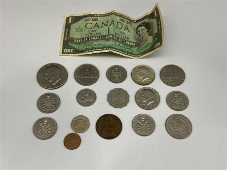 1967 $1 CDN BILL & MISC COINS (See pics for dates)
