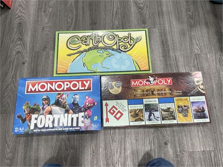 LOT OF 3 MONOPOLY GAMES INCL: EARTHOPOLY, PIRATES OF THE CARIBBEAN, & FORTNITE