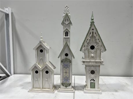 3 PAINTED WOOD BIRD HOUSES (Tallest is 32”)