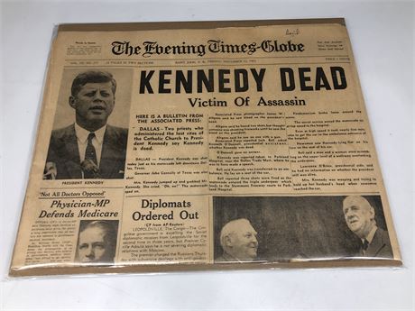 ORIGINAL ‘THE EVENING TIMES GLOBE’ NEWSPAPER, NOVEMBER 22 1963 ‘KENNEDY DEAD’