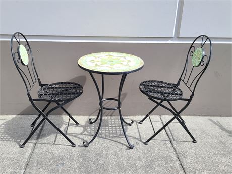 WROUGHT IRON AND MOSAIC BISTRO SET (20.5"dm - 27.5" tall)