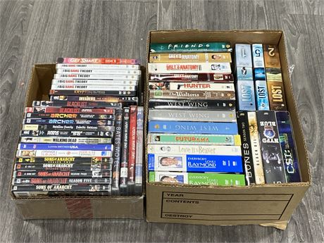 2 BOXES OF DVD BOX SETS - SONS OF ANARCHY, LOST, BIG BANG, ETC