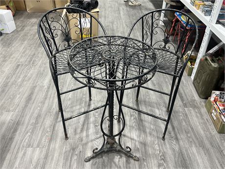 VINTAGE IRON BISTRO TABLE SET W/CHAIRS - CHAIRS ARE 40” TALL, TABLE 38” TALL
