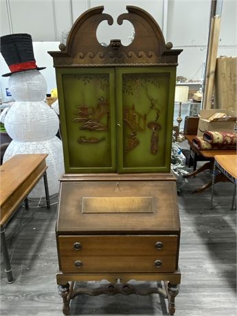 VINTAGE DECORATIVE WOOD CABINET W/MULTIPLE DRAWERS (80” tall, 30” wide)