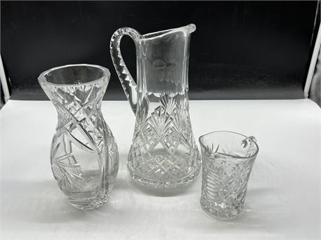 CRYSTAL GLASS VASE & PITCHERS (Tallest is 11”)