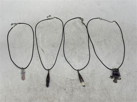 4 NECKLACES WITH CRYSTALS, PENDANTS, ETC