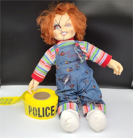 LARGE CHUCKY DOLL WITH ROLL OF POLICE TAPE (Broken arm)