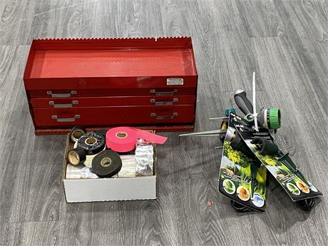 RED METAL TOOL BOX (21”X9.5”) W/ROLLS OF TAPE, SPRINKLER & HOSE SPRAYERS