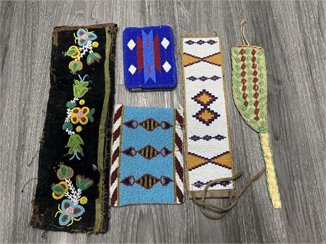 5PCS OF VINTAGE FIRST NATIONS BEAD WORK - LARGEST PIECE 12”