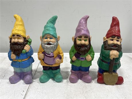 4 PAINTED GARDEN GNOMES (10.5” tall)