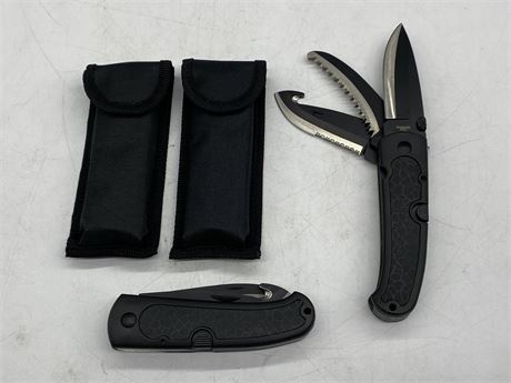 2 NEW 3 BLADE CAMPING KNIVES W/SHEATHS (4” BLADE)