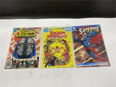 3 ASSORTED DC COMICS INCL: SUPERMAN UP IN THE SKY #1, & LEGION OF SUPER-HEROES