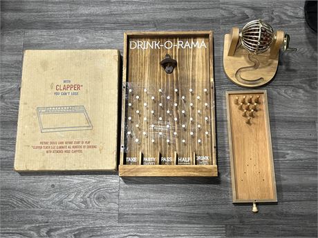 4 WOODEN GAMES - CLAPPER, BINGO, BOWLING, AND PINKO