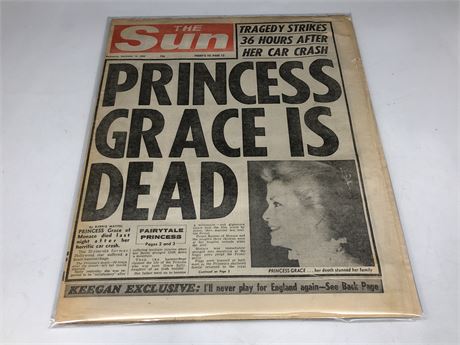 ORIGINAL ‘THE SUN’ NEWSPAPER, NOVEMBER 15 1982 ‘PRINCESS GRACE IS DEAD’