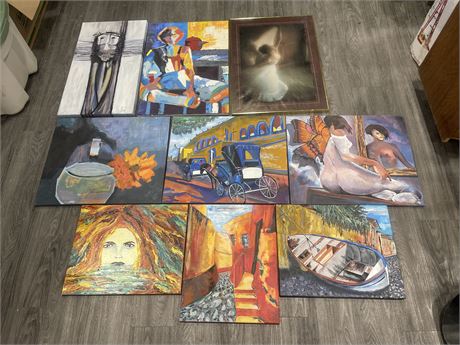 LOT OF 9 ASSORTED CANVAS MEXICAN ART LARGEST 20”x28” (SOME SIGNED)
