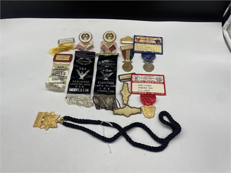 13 NAME TAGS, MEDALS, ECT - FRATERNAL ORDER OF EAGLES 1940’s / 50’s