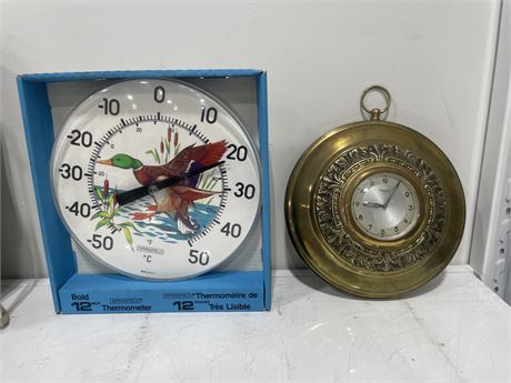 FORESTVILLE 8 DAY CLOCK 11” & NOS THERMOMETER 12”