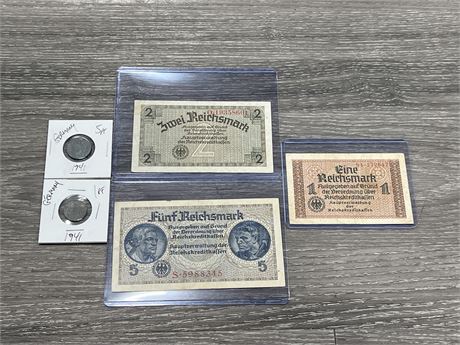 GERMANY WW2 3 NOTES - 2 COINS - THIRD REICH