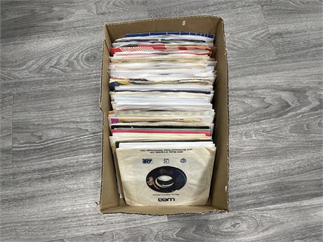 BOX OF 7” SINGLE RECORDS (CONDITIONS VARY)