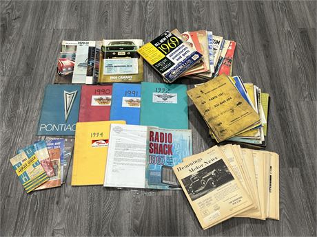 1960/70’s CAR PROMO BROCHURES + VINTAGE HARLEY / CAR PARTS & ECT CATALOGS + MAGS