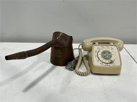 VINTAGE ROTARY PHONE & COPPER QUART OIL CAN