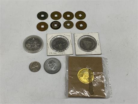 8 VINTAGE CHINESE COINS & MISC COINS