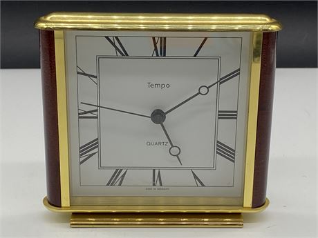 VINTAGE TEMPO MANTLE CLOCK MADE IN GERMANY (5”X5”)